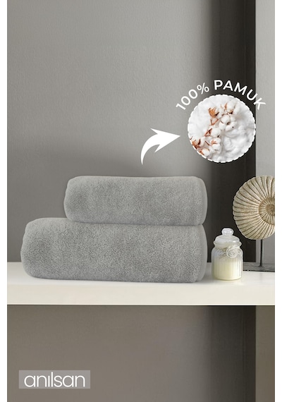 2'li Gri Havlu Seti %100 Pamuk - 1 Adet El Havlusu 50x90 Ve 1 Adet Banyo Havlusu 70x140 Gri