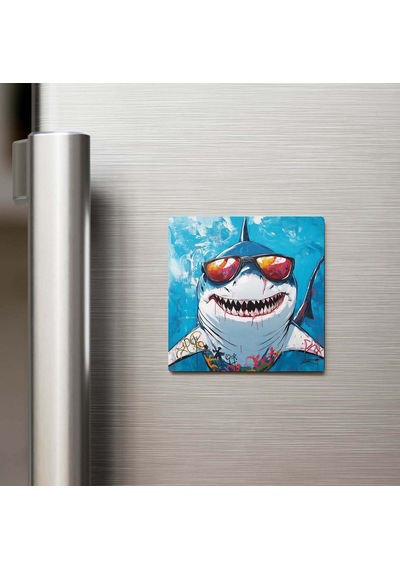 Shark - Köpekbalığı - Güneş Gözlüklü Style - Buzdolap Magneti - 9x9 Cm