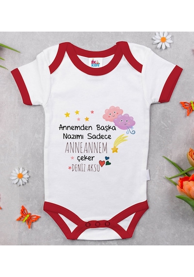 Bk Gift Bk Kids Kişiye Özel Anneannem Tasarımlı Kırmızı Bebek Body Zıbın-1 Çok Renkli