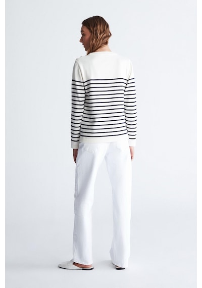 Styleboom X Peraluna Audrey Pullover Omzu Düğmeli Çizgili Organik Pamuk Mevsimlik Kadın Triko Kazak Ekru/lacivert-ekru Ekru
