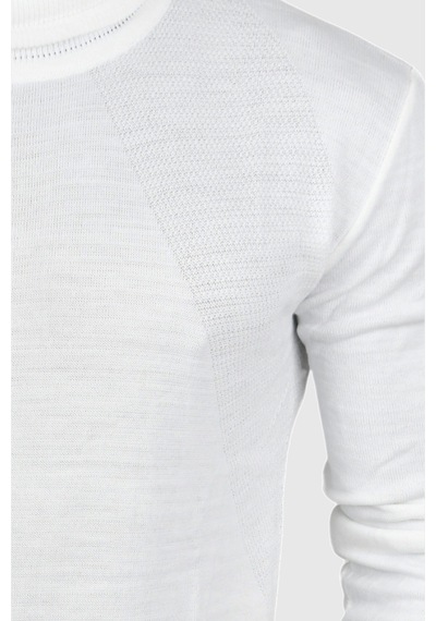 Deepsea Erkek Beyaz Tam Balıkçı Yaka Yanları Desenli Slim Fit Boğazlı Triko Kazak 2505495 Beyaz