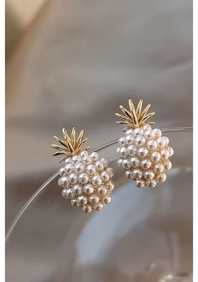 Kadın Küpe 14k Gold Renk İncili Ananas Premium Minimal Kararmaz Küpe Altın