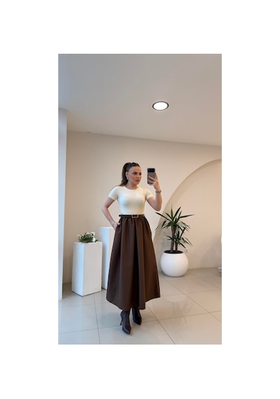 Unika Boutique Acı Kahve Kendinden Kemerli Alt Poplin Kumaş Elbise Kahverengi
