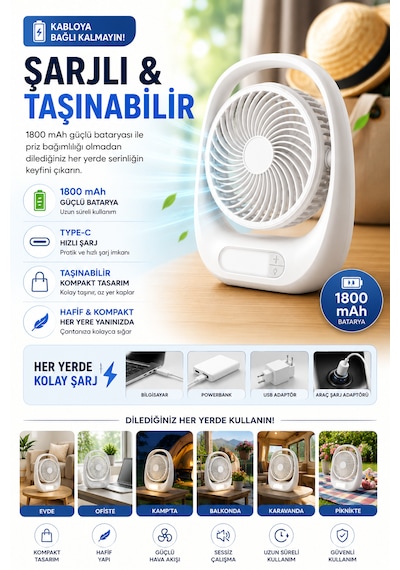 Şarjlı Led Masaüstü Fan 1800 Mah 3 Kademeli Taşınabilir Mini Auhma Masa Vantilatör Type-c Şarjlı 180 Dönebilen Başlık