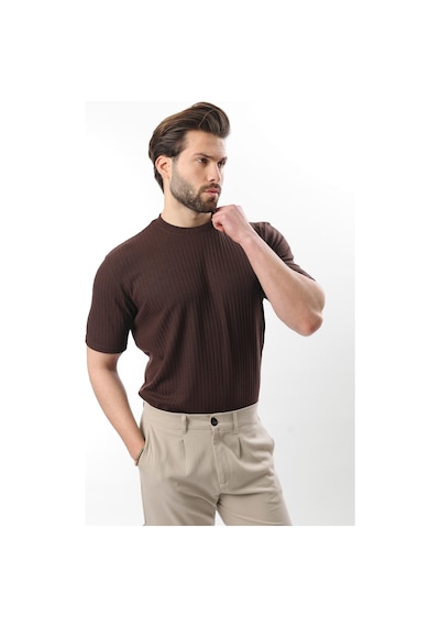 Madmext Kahverengi Dokulu Çizgi Tasarım Bisiklet Yaka Erkek T-shirt E7122 Kahverengi