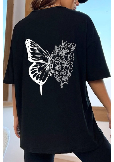 Flood Of Style Unisex Drawing Butterflies Tasarım T-shirt Siyah