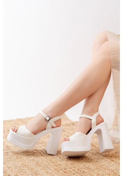 Preshley Kadın Lenisi Beyaz Tek Bantlı 12 Cm Platform Topuklu Ayakkabı 1010 Beyaz