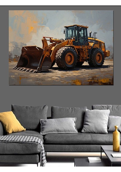 Şantiyede Çalışan Modern Sarı Dozer Dekoratif Kanvas - Mdf Ahşap Tablo