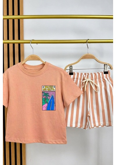 Monila Erkek Çocuk Pamuklu Bisiklet Yaka Baskılı T-shirt Ve Çizgili Şort Alt Üst Takım Somon