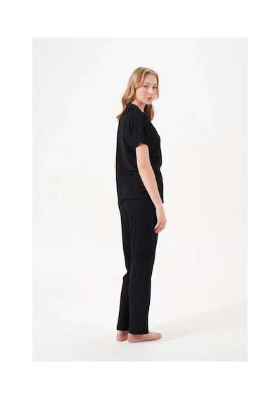 Moda Dua Pjs 29006 Kadın Kısa Kol Önden Düğmeli Pijama Takımı siyah