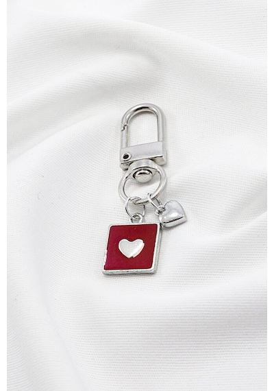 Kırmızı Mineli Gümüş Renkli Metal Kalp Klipsli Cüzdan Süsü Charm