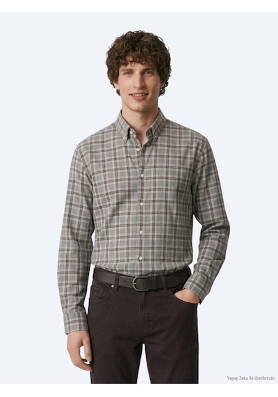 Kip Gri Kareli Regular Fit Uzun Dokuma Casual %100 Pamuk Gömlek
