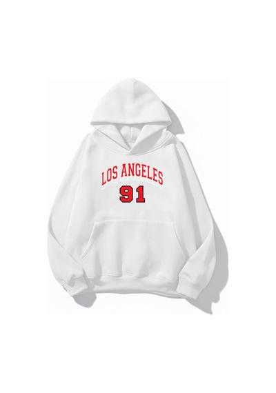 Uyguntarz Unisex Yumuşak Dokulu Los Angeles 91 Baskılı Tasarım Oversize 3 İplik Hoodie Sweatshirt beyaz