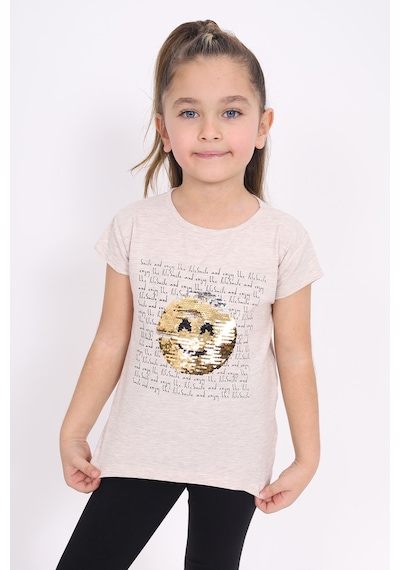Toontoy Kids Toontoy Kız Çocuk Gülen Yüz Pullu Nakış Tişört Bej