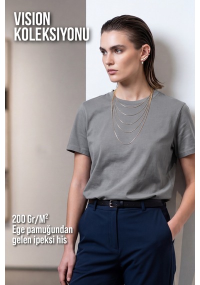 Goffra Kadın Vision Bisiklet Yaka Premium Kalite Yoğun Dokulu Pamuklu T-shirt Koyu Gri W101-r0220-04