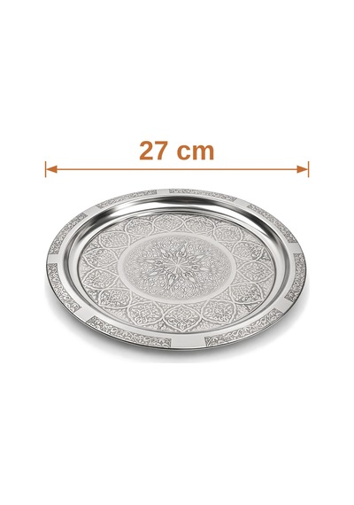 Binbir Trend 27 Cm Otantik Desenli Krom Çelik Kebap, Izgara, Meze Ve Servis Tabağı 1 Adet Gümüş