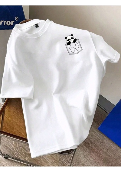 Flood Of Style Erkek Beyaz Sevimli Cep Panda Baskılı Oversize