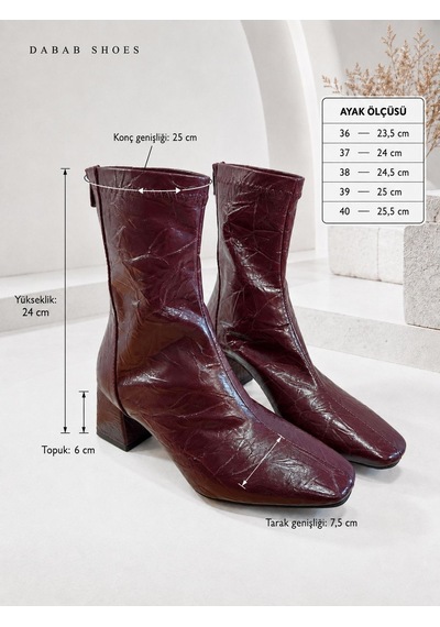 Dabab Shoes Janıce Kadın Bordo Küt Kare Burun Kırışık Desenli Rugan Streç Arkadan Fermuarlı 6 Cm Kalın Topuklu Bot Bootie