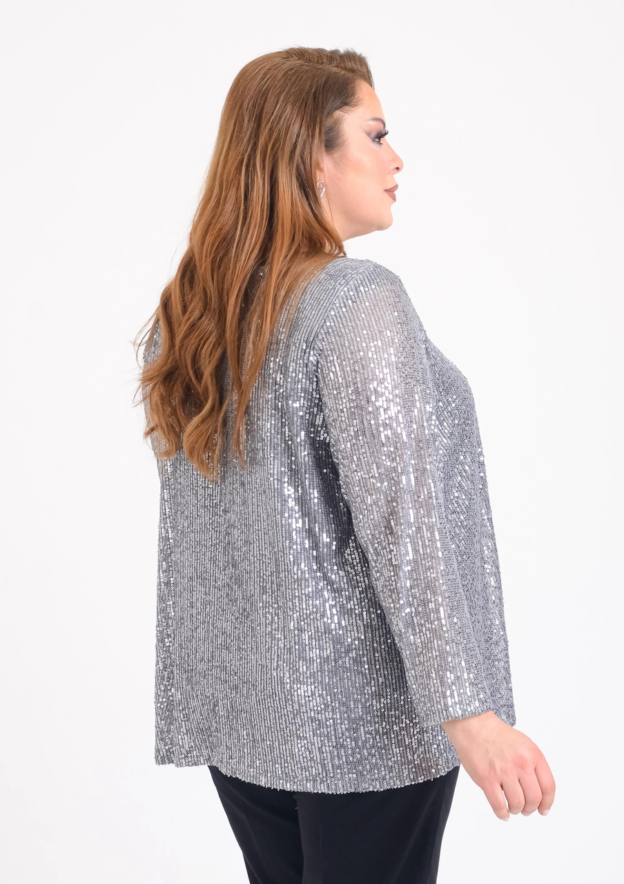 Lilas Xxl Büyük Beden Gümüş Renkli Pul Payetli İkili Takım Abiye Bluz Gümüş