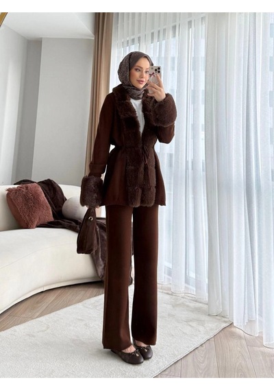 Elora Atelier Kahverengi Kürk Detaylı Triko Takım