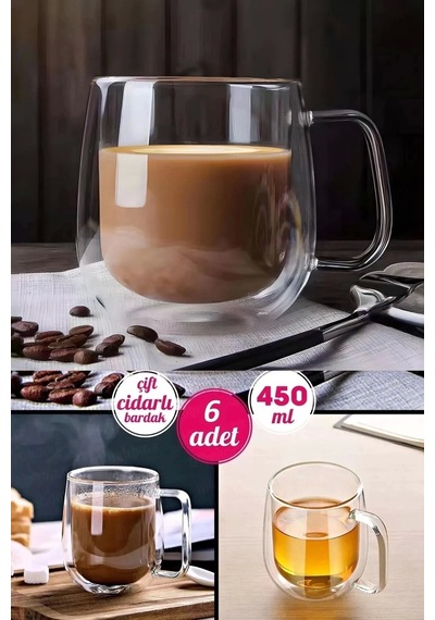 6'lı Çift Cidarlı Cam Kupa Bardak 450 Ml Fincanı Çift Katlı Isı Yalıtımlı Ev Ofis