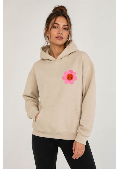 Herkesemoda Emoji Çiçek Baskılı Kapüşonlu 2 İplik Şardonlu Sweatshirt Bej