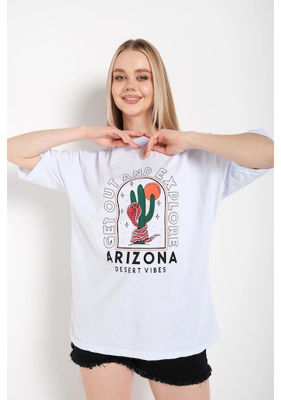 Startmore Kadın Beyaz Oversize Arizona Baskılı T-shirt Beyaz