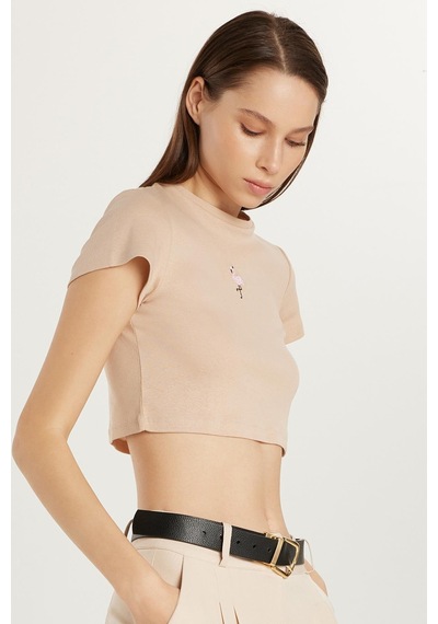 Tudors Kadın Slim Fit Dar Kesim %100 Pamuk Bisiklet Yaka Baskılı Bej Crop Tişört-33989 Bej