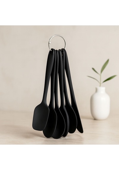 6 Parça Siyah Silikon Mutfak Seti 2 Kaşık, 3 Spatula, Yumurta Fırça 001 Siyah