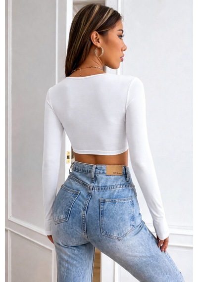 Kadın Crop Bluz Uzun Kollu V Yaka Fit Basic Şık Üst Beyaz