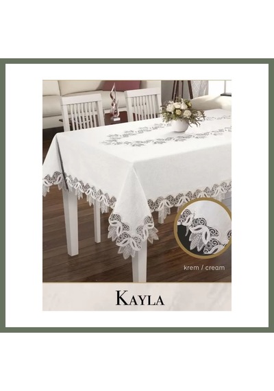 Bezos Keten Masa Örtüsü Tablecloth 155x220 Cm Dantel Masası Örtüsü Kayla Model Krem Bezos1