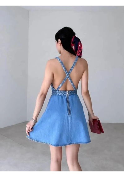 Fashion Cocktail Çift Bel Halat Örgülü Örme İp Çapraz Askılı Eteği Salaş Baharlı Sırt Açık Fermuarlı Kot Denim Elbise Mavi Fashion Cocktail Çift Bel Halat Örgülü Örme İp Çapraz Askılı Eteği Salaş Baharlı Sırt Açık Fermuarlı Kot Denim Elbise Mavi