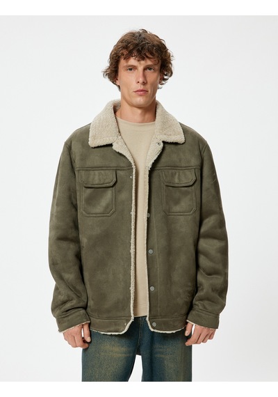 Koton Süet Görünümlü Ceket Slim Fit Peluş Detaylı Gömlek Yaka Haki 5wam20075hw Haki