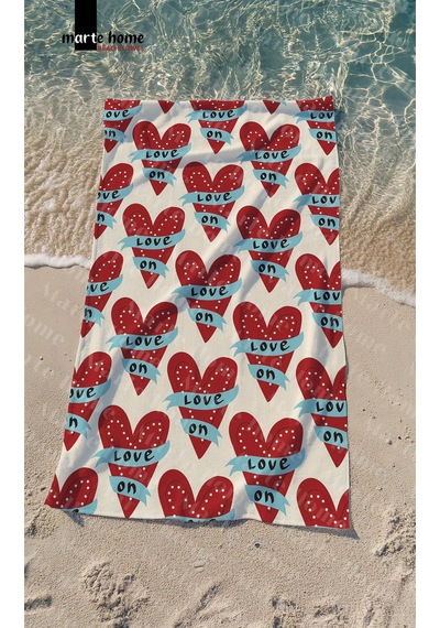 Marte Home Love Kalp Baskılı Plaj Havlusu Bej