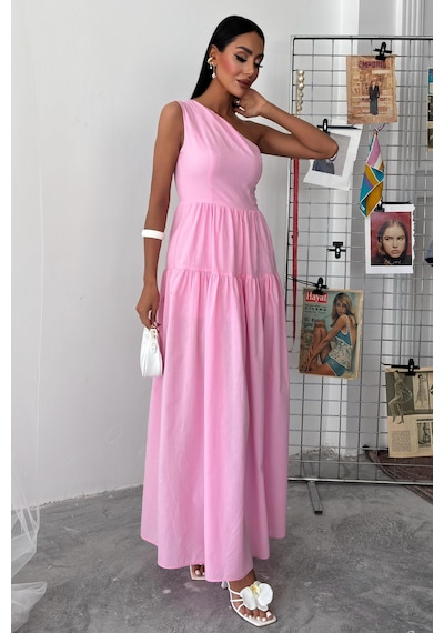 WeShaya Kadın Pembe Tek Omuz Wual Maxi Elbise Pembe