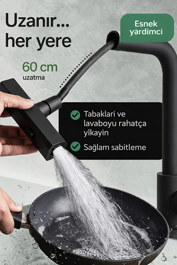 Mutfak Bataryası 3 Fonksiyonlu 360 Döner Uzatmalı Musluk Paslanmaz Çelik Çekmeli Duş Başlıklı Siyah