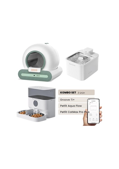 Groove Ti+ Akıllı Otomatik Kedi Tuvaleti Yeşil - Petfit Aqua Flow Akıllı Bataryalı Su Pınarı Çeşmesi + Petfit Catmax Pro Plus Akıllı Otomatik Mama Kabı Bundle