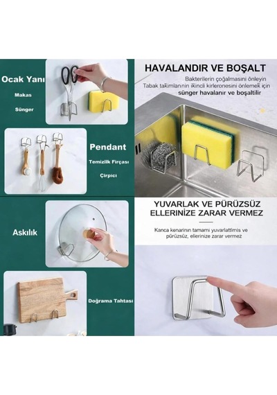 4 Adet Paslanmaz Mutfak Sünger Tutucu Yapışkanlı Sünger Askısı Lavabo Süngerliği Çok renkli