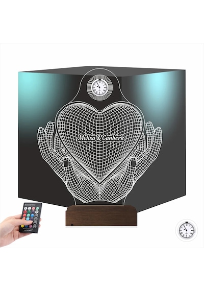 Luvivia Sevgiliye Hediye Kalp El Tasarımlı Kişiye Özel Metal Saatli 3d Lamba - Masa Gece Lambası