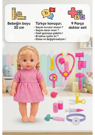 9 Parça Sesli Türkçe Konuşan Kafası Et Gövdesi Kolları Bacakları Sert Plastik Bebek Doktor Oyun Seti 1