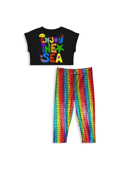 Denokids Renkli Varak Kız Çocuk Crop T-shirt Tayt Takım Çok Renkli