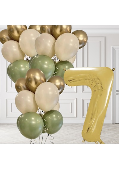 7 Yaş Retro Küf Yeşili Krom Gold Kum Beji Balon Seti Gold Rakam Doğum Günü Balonu Şık Parti Süsleme Çok Renkli