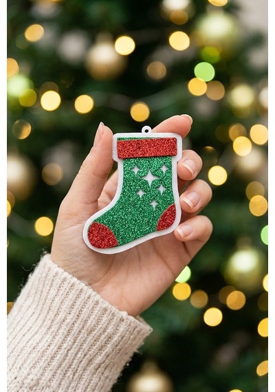 Simli Noel Çorabı Yılbaşı Ağacı Süsü 6'lı Set - Yeşil Kırmızı Yıldızlı Asma Süs