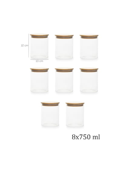 Porsima 1-4 Bambu Borosilikat Vakumlu Kapaklı Yuvarlak Cam 8li Kavanoz Seti Saklama Kabı 750ml 10x12cm