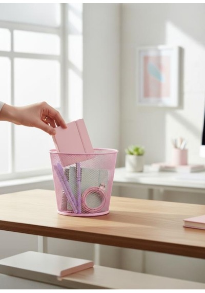 Nd-1060 Masaüstü & Masa Altı Metal File Çöp Kovası Small Organizer Toz Pembe
