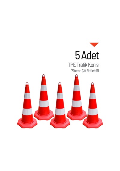 5'li Tpe Trafik Konisi Seti 70 Cm Çift Reflektifli Trafik Dubası-3602