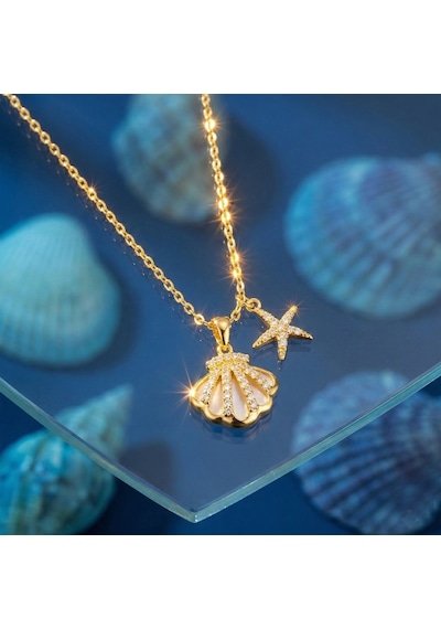 925 Ayar Gümüş Altın Kaplama Sedefli Midye Kabuğu Ve Deniz Yıldızı Kolye Gold
