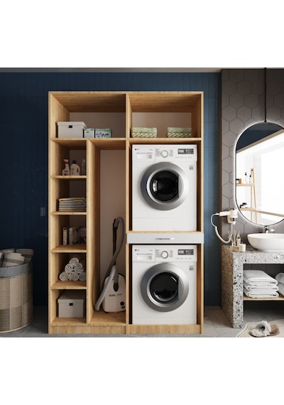 Megan Çamaşır Ve Kurutma Makinesi Dolabı Banyo Dolabı Meşe Beyaz Meşe Beyaz
