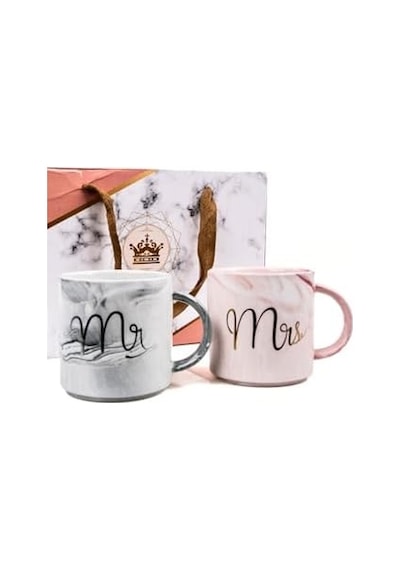 Lüks Mermer Desenli Mr & Mrs 2&apos Li Porselen Kupa Seti 400 Ml, Hediyelik Kutulu,çok Renkli Açık Ahşap