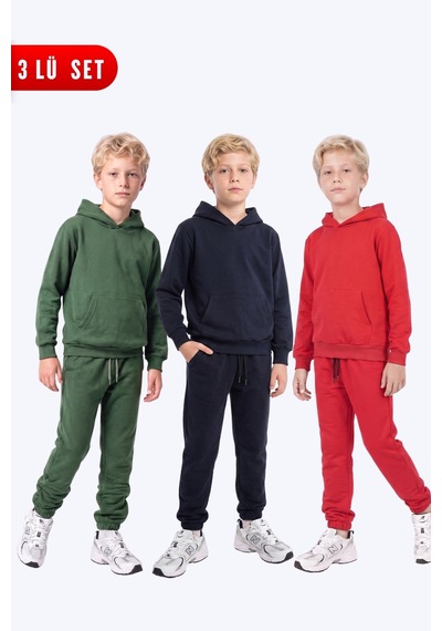 Fyk Kids Erkek Çocuk 3'lü Düz Kanguru Cepli Kapüşonlu Eşofman Takımı Haki-lacivert-kırmızı